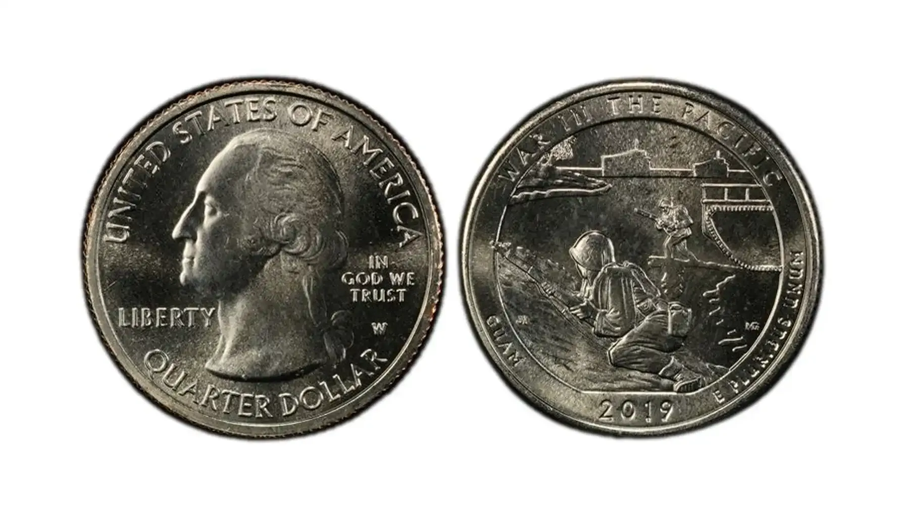 All five 2019 America the Beautiful quarter designs displayed side by side showing reverses