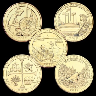 2019 quarter grading strip showing four condition tiers from worn to gem MS-67 side by side